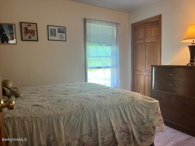 bedroom with light colored carpet and a closet