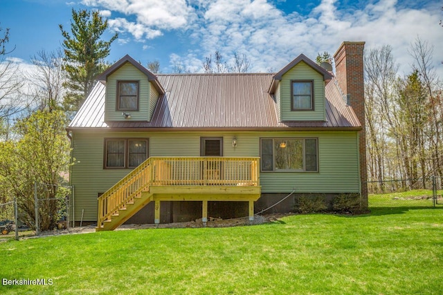 613 Skyline Trl, Chester, MA 01011 - rear view of property with a yard, fence, metal roof, stairs, and a deck