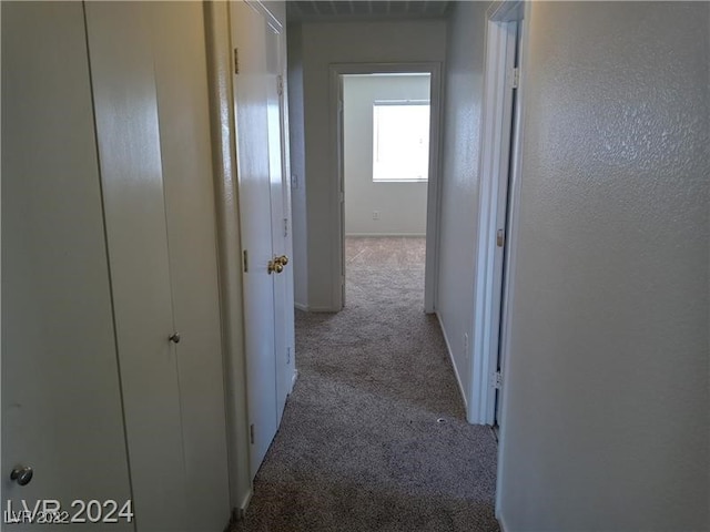 corridor featuring light colored carpet