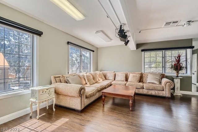 living room featuring dark hardwood / wood-style floors