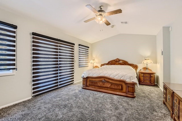 carpeted bedroom with lofted ceiling and ceiling fan