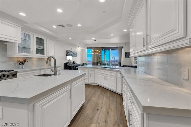 kitchen with sink, light stone counters, a raised ceiling, white cabinetry, and light wood-type flooring