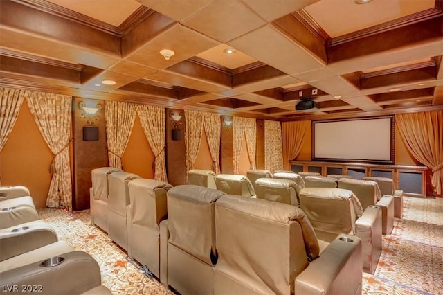 home theater with coffered ceiling, ornamental molding, light carpet, and beamed ceiling