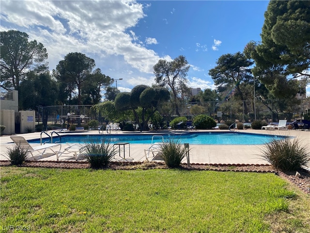 view of swimming pool with a yard