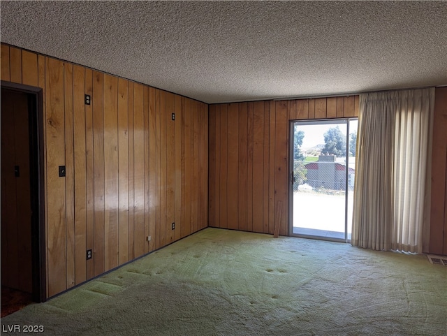 carpeted empty room featuring wooden walls and a textured ceiling