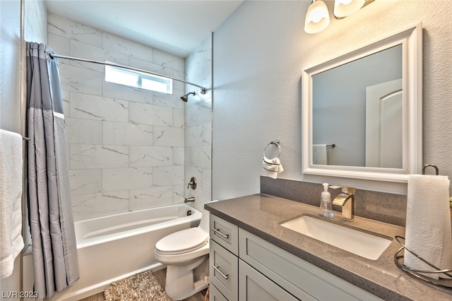 full bathroom with toilet, vanity, and shower / bathtub combination with curtain