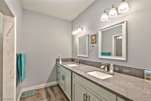 bathroom featuring large vanity, hardwood / wood-style floors, and double sink