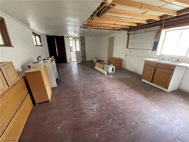 basement with sink and a wealth of natural light