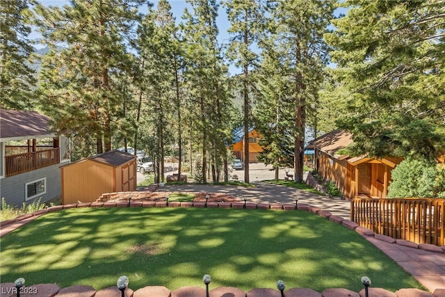 view of yard featuring a storage shed