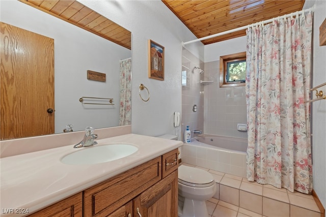 full bathroom with toilet, tile patterned floors, vanity, shower / bathtub combination with curtain, and wood ceiling