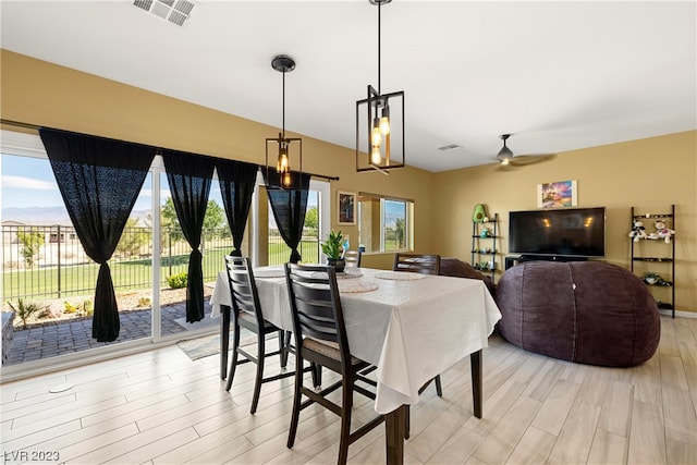 dining space featuring light hardwood / wood-style floors, a healthy amount of sunlight, and ceiling fan with notable chandelier