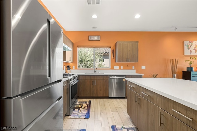 kitchen with light wood-type flooring, sink, and stainless steel appliances