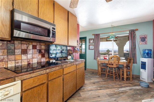 kitchen with black electric cooktop, tasteful backsplash, dishwasher, and dark hardwood / wood-style flooring