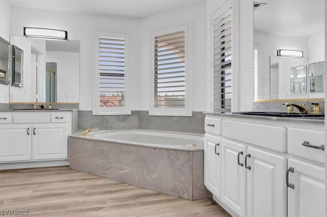 bathroom featuring vanity, wood-type flooring, and a tub