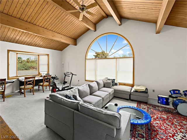 living room with wooden ceiling, carpet flooring, ceiling fan, and vaulted ceiling with beams