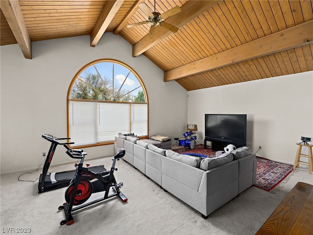 carpeted living room featuring wooden ceiling, ceiling fan, and lofted ceiling with beams