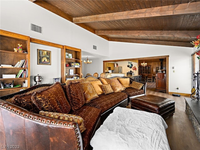 living room with wooden ceiling, lofted ceiling, a chandelier, and dark hardwood / wood-style flooring