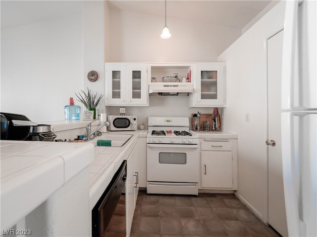 kitchen featuring lofted ceiling, custom range hood, white appliances, and white cabinetry