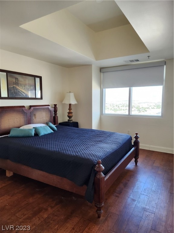 bedroom with dark hardwood / wood-style flooring, multiple windows, and a tray ceiling