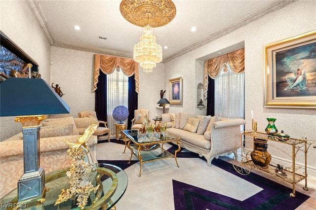 living room featuring a notable chandelier and ornamental molding