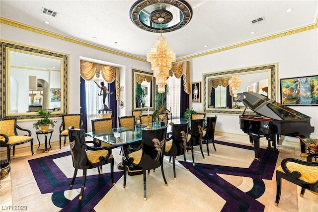 dining area featuring a notable chandelier, ornamental molding, and a textured ceiling