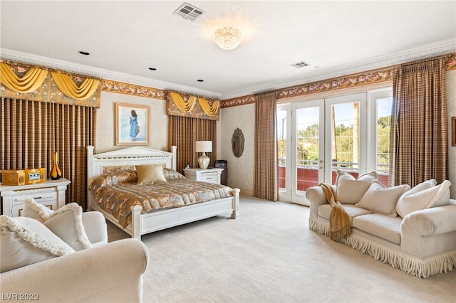 carpeted bedroom featuring access to exterior, ornamental molding, and french doors