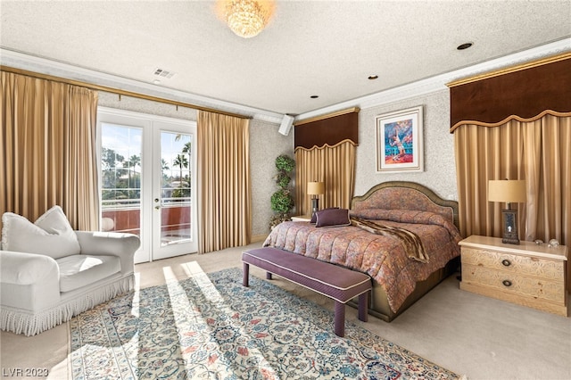 carpeted bedroom with access to outside, french doors, a textured ceiling, and ornamental molding