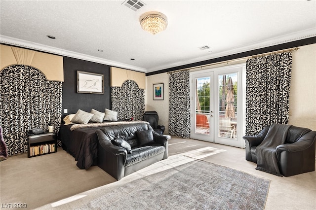 carpeted bedroom with french doors, a textured ceiling, access to outside, and crown molding