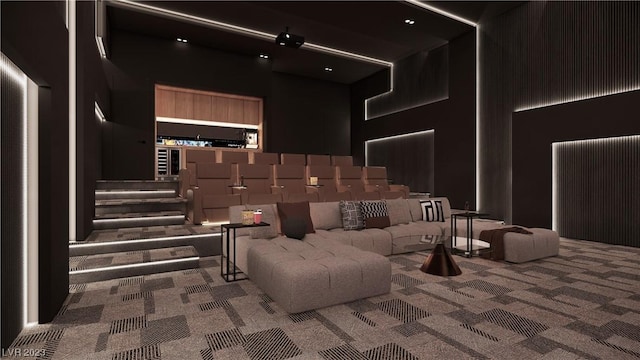 cinema room featuring carpet flooring and a high ceiling