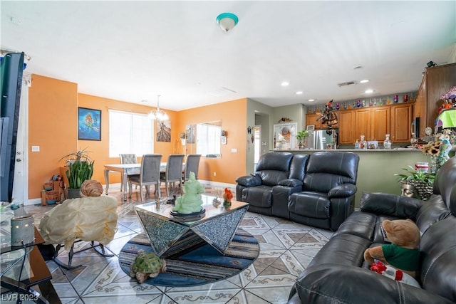 living room with light tile patterned floors