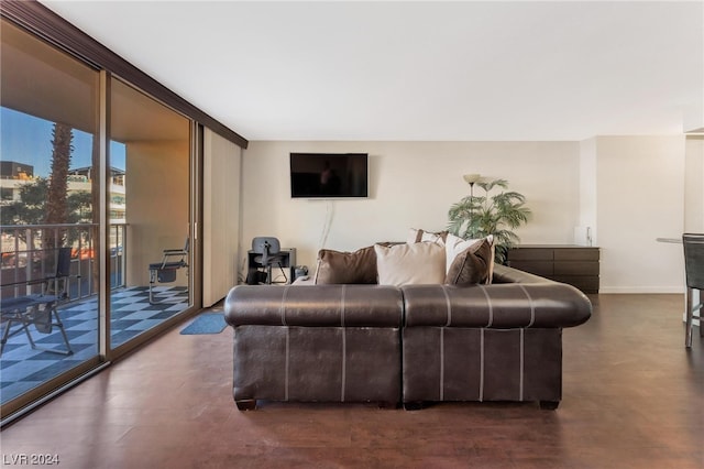 living room featuring dark hardwood / wood-style flooring and expansive windows