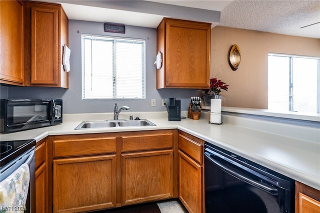 kitchen featuring plenty of natural light, black dishwasher, sink, and stainless steel electric range