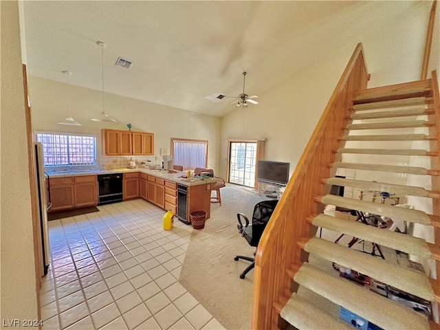 kitchen with decorative backsplash, kitchen peninsula, dishwasher, light tile patterned floors, and ceiling fan