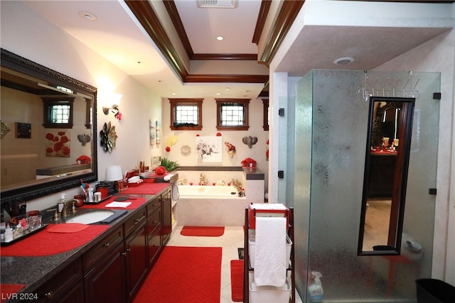 interior space with sink, dark brown cabinets, ornamental molding, dark stone countertops, and tile flooring