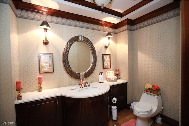 bathroom with hardwood / wood-style flooring, toilet, and vanity