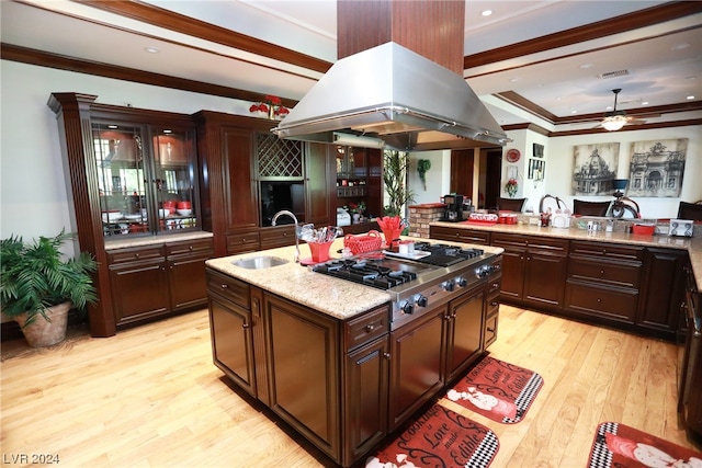 kitchen featuring island range hood, light stone countertops, sink, and light hardwood / wood-style flooring