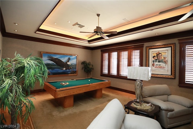 playroom featuring crown molding, billiards, ceiling fan, and a tray ceiling