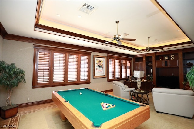 recreation room with billiards, ceiling fan, and a tray ceiling