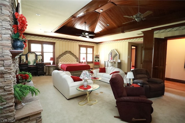 living room featuring a raised ceiling, wood ceiling, ceiling fan, and light colored carpet