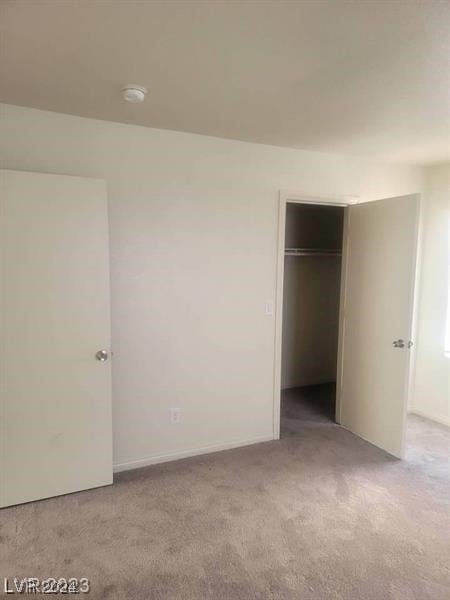 unfurnished bedroom featuring light colored carpet and a closet