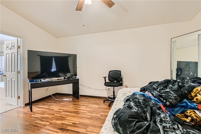 5717 Wizard Wand St, North Las Vegas, NV 89031 - bedroom with wood finished floors, lofted ceiling, and a ceiling fan