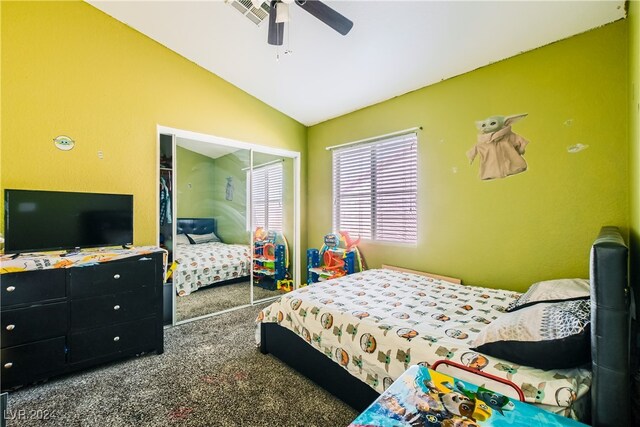 5717 Wizard Wand St, North Las Vegas, NV 89031 - carpeted bedroom with lofted ceiling, a closet, and a ceiling fan