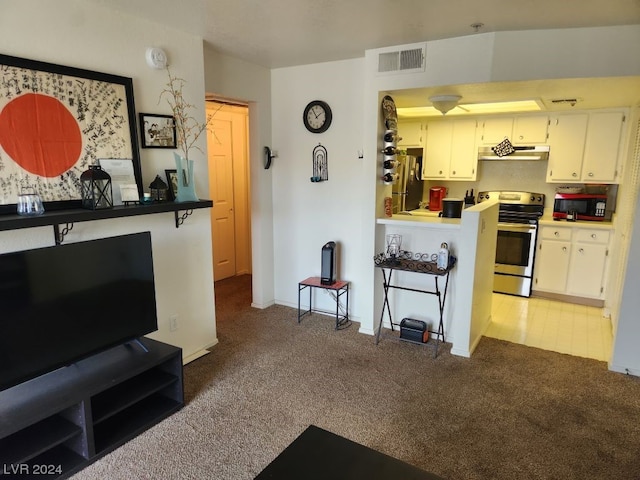 living room featuring light colored carpet