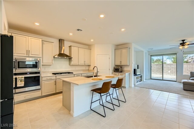 kitchen featuring ceiling fan, sink, stainless steel appliances, wall chimney range hood, and an island with sink