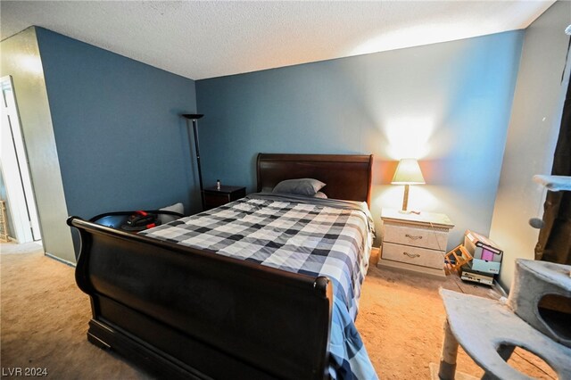 bedroom featuring light colored carpet and a textured ceiling