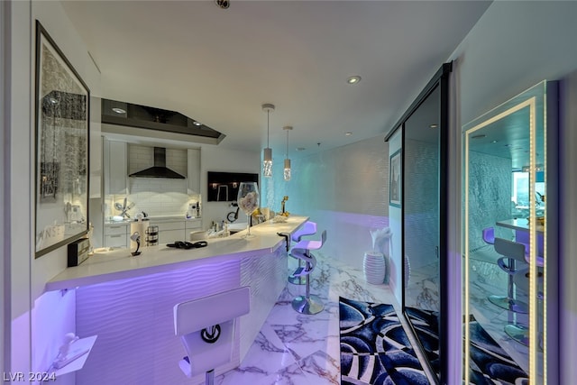 bathroom featuring tile flooring, walk in shower, and oversized vanity