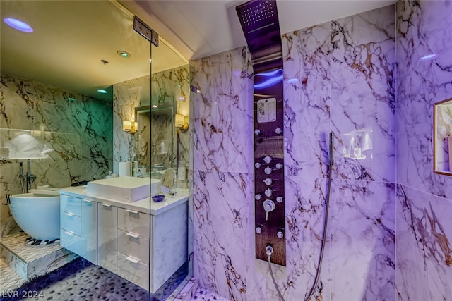 interior space with light tile flooring, tile walls, and sink