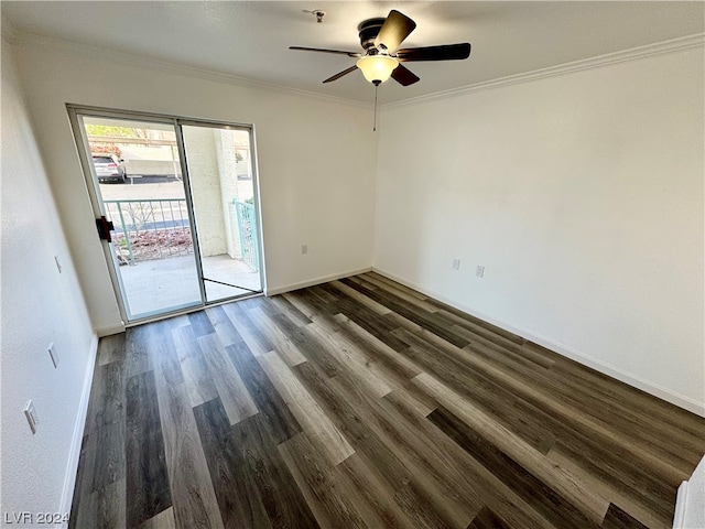 unfurnished room with dark hardwood / wood-style flooring, ceiling fan, and crown molding