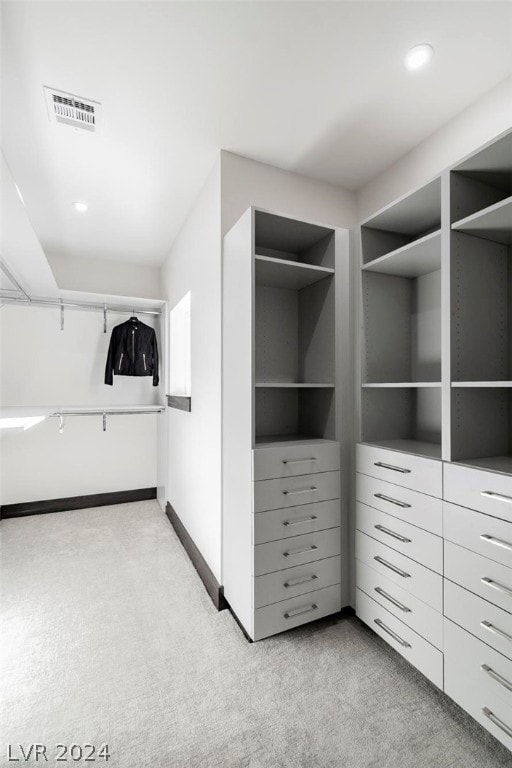 spacious closet featuring light carpet