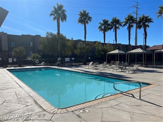 view of swimming pool featuring a patio area